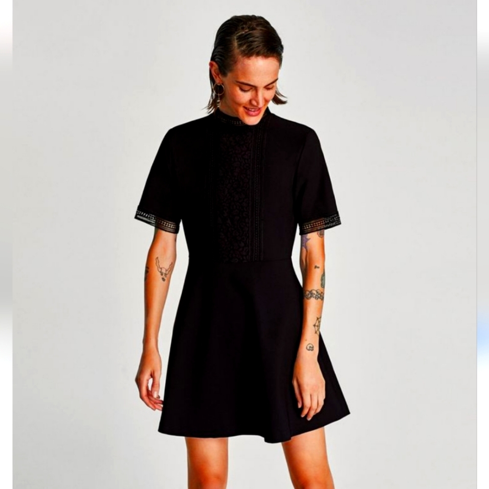 Zara Black Lace Detailed Dress, Size L